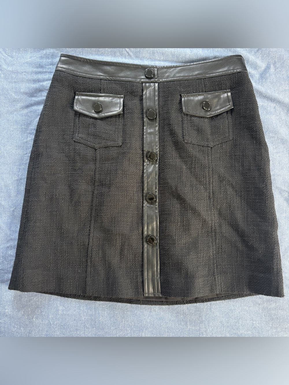 Karl Lagerfeld Black Tweed Skirt with Faux Leather Trim and Button Front